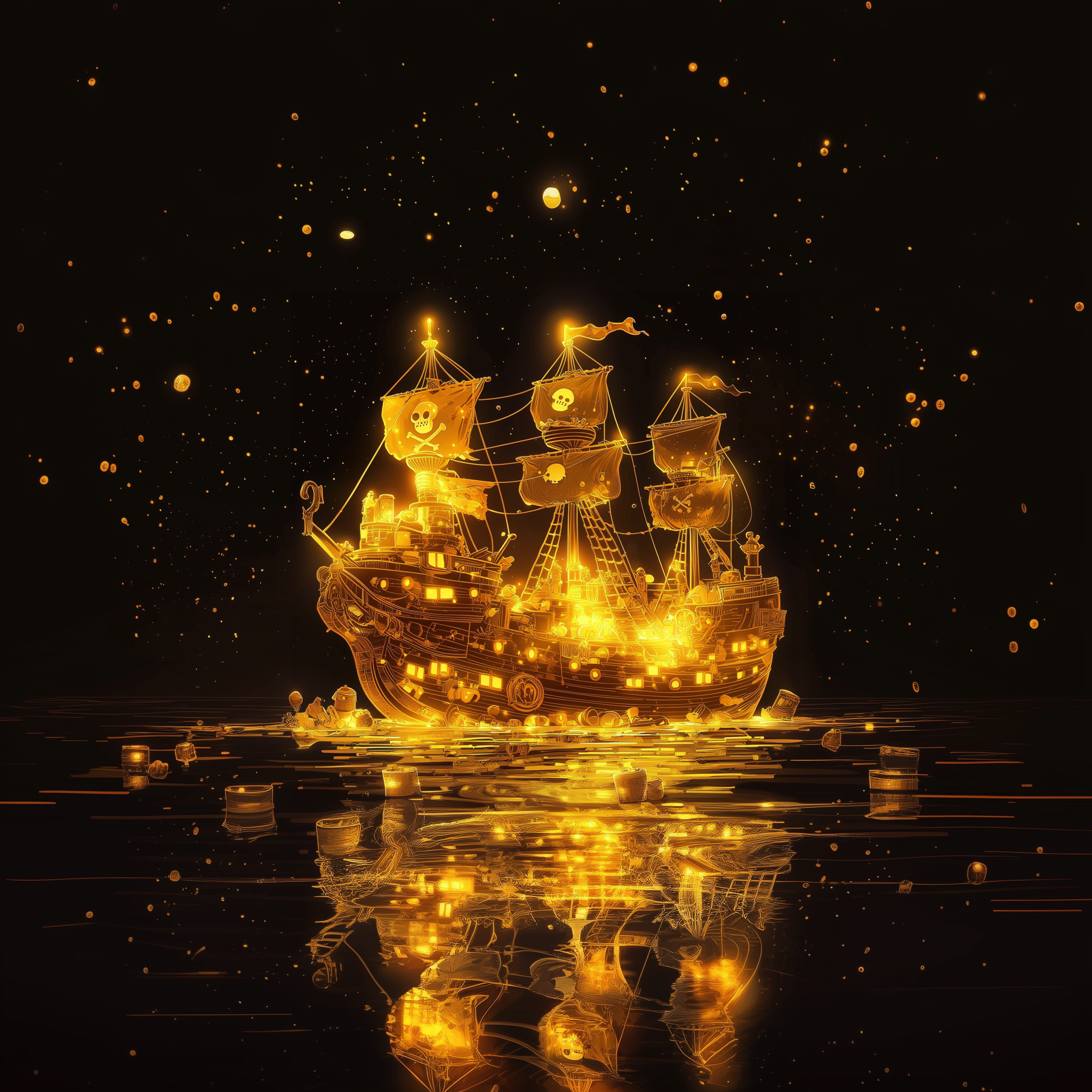 Golden pirate ship sailing through starry waters